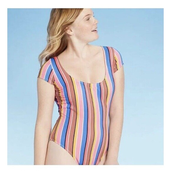 Xhilaration Junior Multi Striped Cap Sleeve One Piece Swimsuit Size Large NWT's - Picture 1 of 9